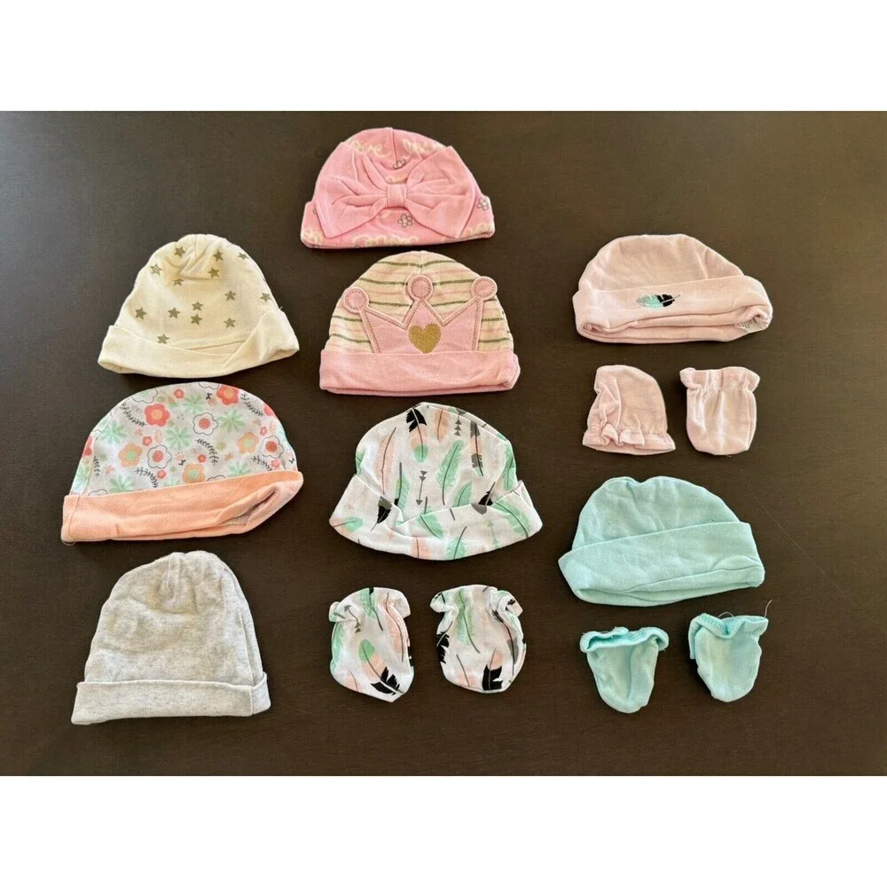 Baby Girl Bundle Lot beanies gloves fall winter set NB to 6M new & used Gerber